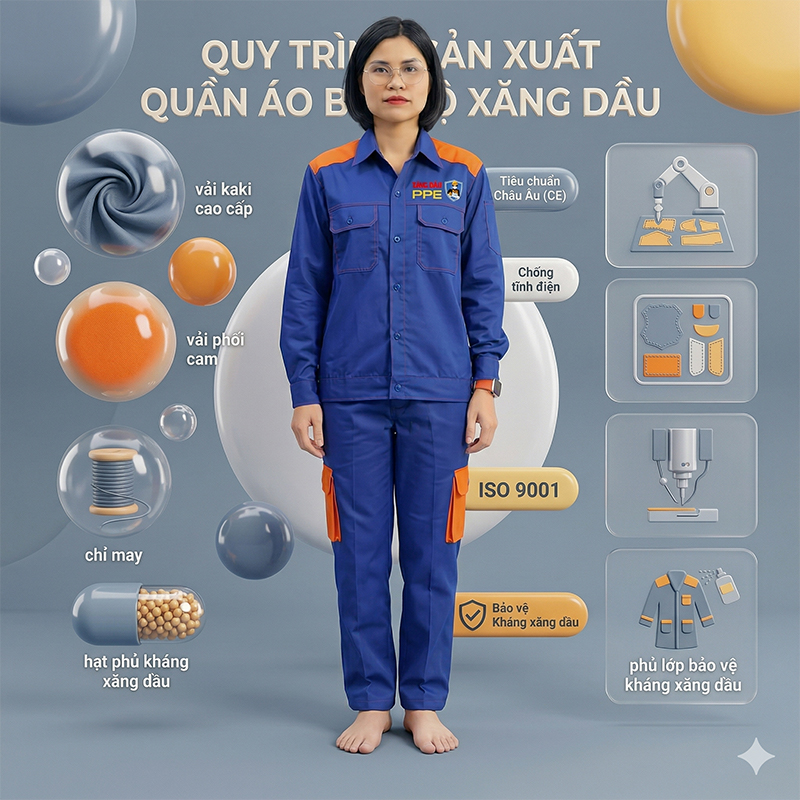 quy trình may quần áo bảo hộ xăng dầu