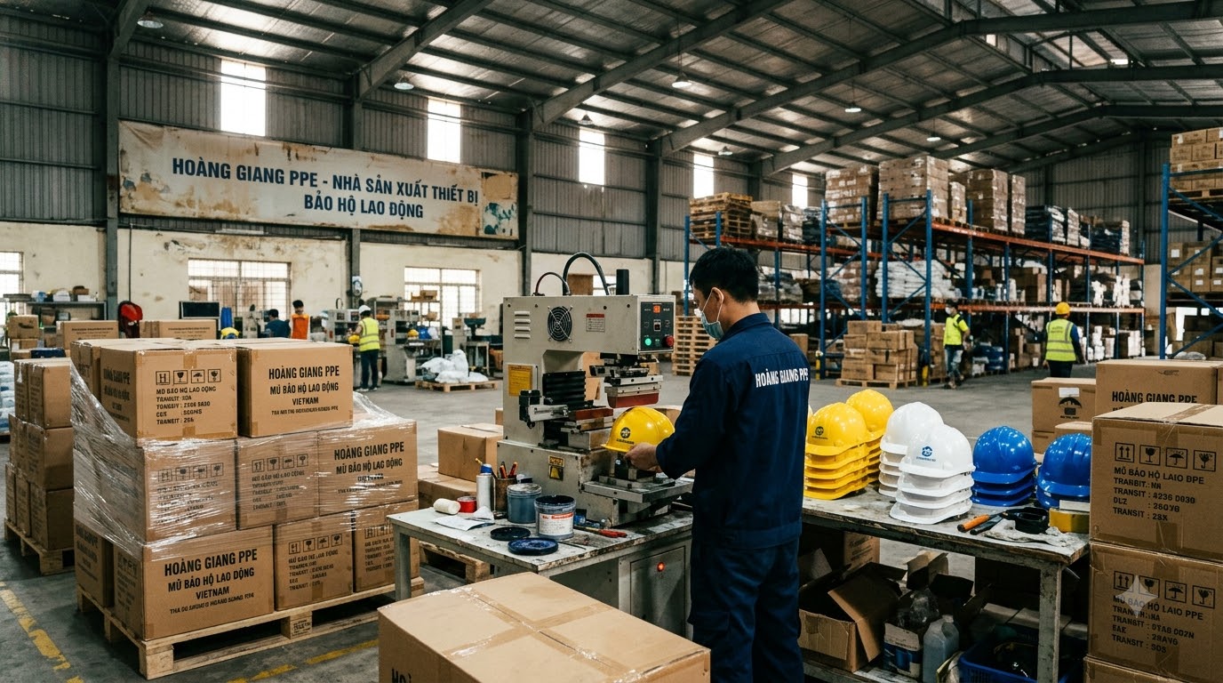 Tổng kho HOANG GIANG PPE in logo mũ bảo hộ xuất xưởng sỉ dự &aacute;n